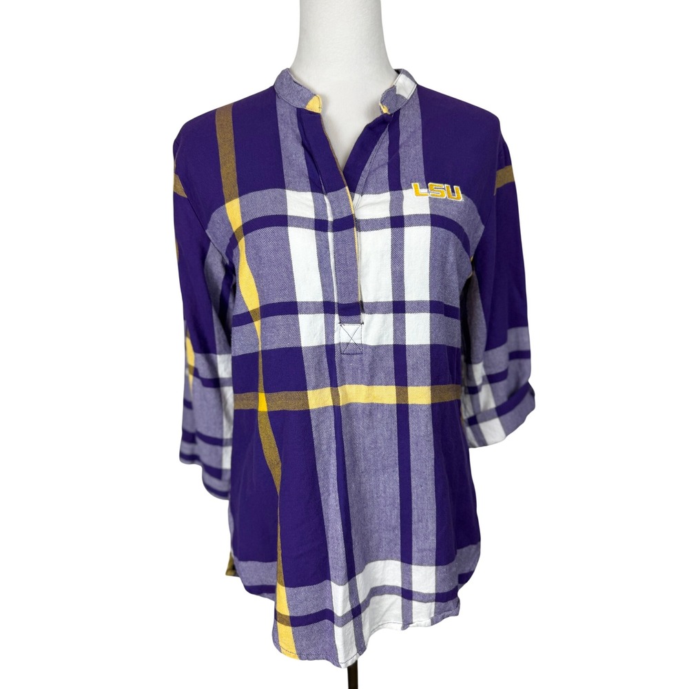 UG Apparel Women 100% Cotton Top S Purple Plaid LSU Tigers Roll Tab Sleeve